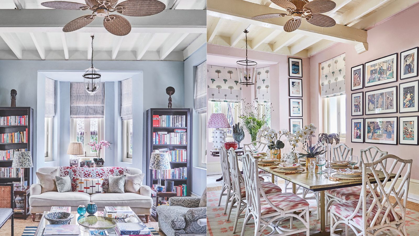Pale blue living room with rattan ceiling fan on the left, and on the right, a pink dining room with a rattan ceiling fan