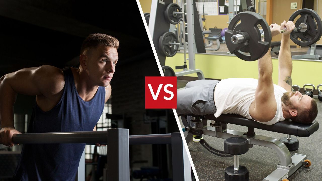 A man performing tricep dips on a dip station and a man performing skull crushers with dumbbells