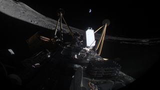 An image of a moon lander on its side on the moon, with earth visible in the distance