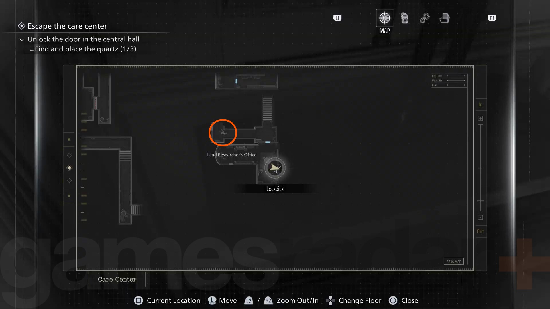 A map showing the location of the Resident Evil Requiem Level 1 Security lock wristband.