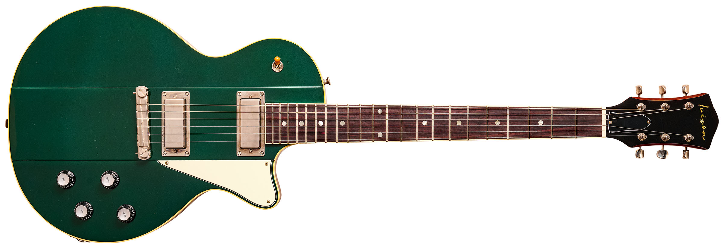 Ivison Dakota Standard in Cadillac Green photographed against its cream-covered Hiscox hard-shell guitar case.