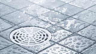 A wet shower floor with a drain
