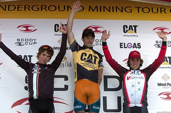 The final tour GC podium (l-r): Joshua Atkins (2nd,Jayco/2XU), Nathan Haas (1st,Genesys Wealth Advisers) and Cameron Peterson (3rd,V Australia).