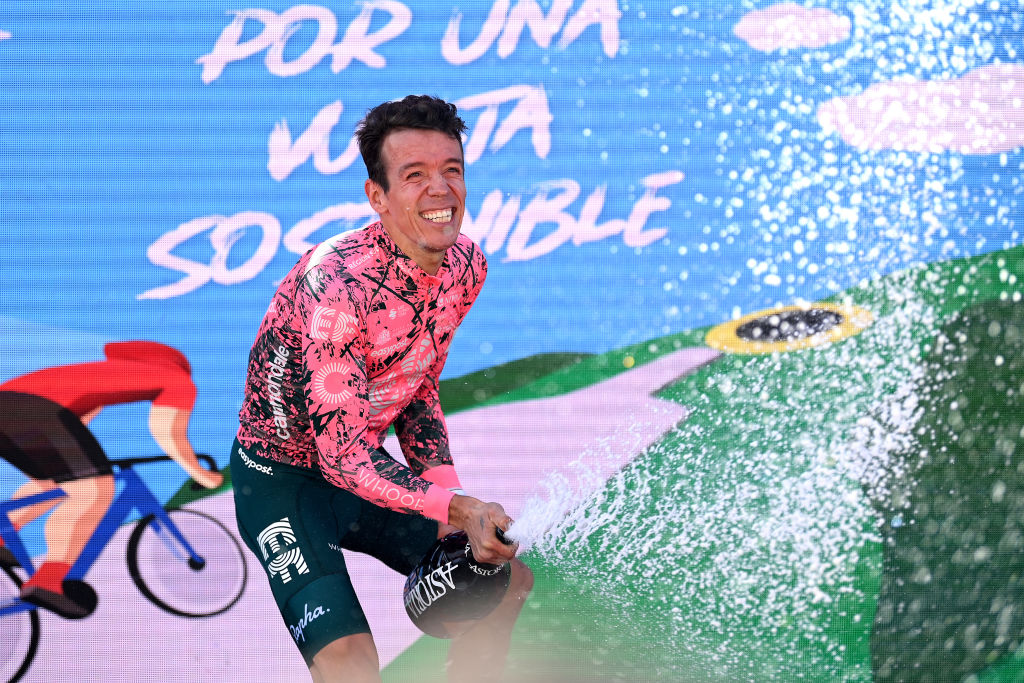 MONASTERIO DE TENTUDA SPAIN SEPTEMBER 07 Rigoberto Uran Uran of Colombia and Team EF Education Easypost celebrates at finish line as stage winner during the 77th Tour of Spain 2022 Stage 17 a 1624km stage from Aracena to Monasterio de Tentuda 1095m LaVuelta22 WorldTour on September 07 2022 in Monasterio de Tentuda Spain Photo by Justin SetterfieldGetty Images