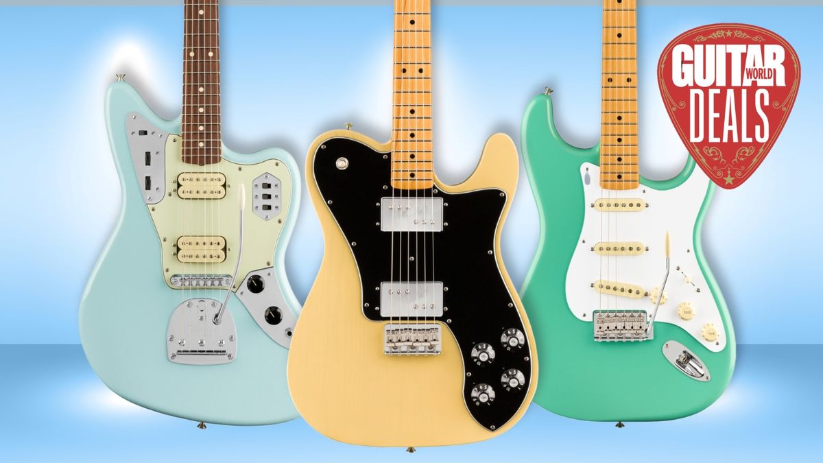 Three Fender guitars on a light blue background