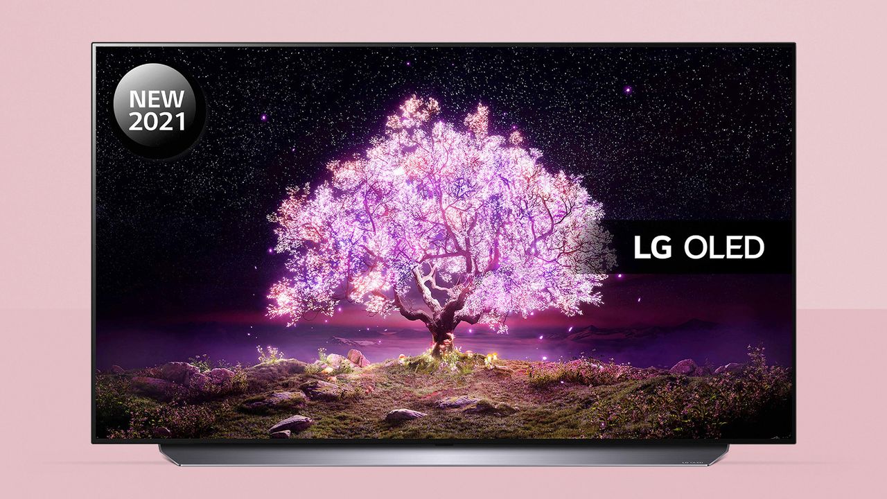 LG C1 OLED TV on pink background