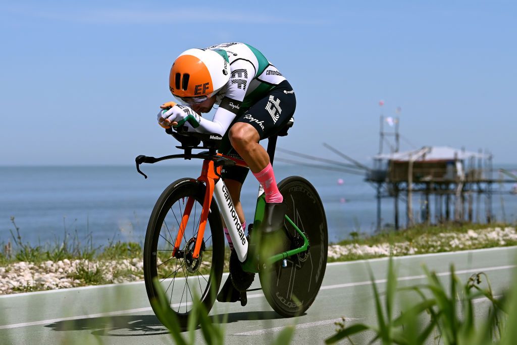ORTONA ITALY MAY 06 Ben Healy of Ireland and Team EF EducationEasyPost sprints next to the Trabucco Fishing platform during the 106th Giro dItalia 2023 Stage 1 a 196km individual time trial from Fossacesia Marina to Ortona UCIWT on May 06 2023 in Ortona Italy Photo by Tim de WaeleGetty Images