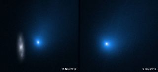 Comet 2I/Borisov is the first interstellar comet ever observed by humans. These two images, taken by NASA's Hubble Space Telescope, capture the comet appearing near a background galaxy on Nov. 16 (left) and after the object's closest approach to the sun, on Dec. 9 (right).