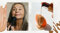 On the left, is a picture of a woman with grey hair using a makeup brush to apply product to her chin and the right, is a picture of foundation being squirted onto a beauty blending sponge/ both images are featured in a white and grey marbled template, with foundation spills.