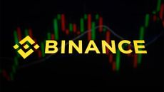 Logo and branding of cryptocurrency exchange Binance displayed on a smartphone screen placed on a reflective surface onto which a stock market chart is projected.