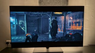 A shot of the subway fight scene from The Batman in Dolby Vision Standard mode in ambient lighting conditions