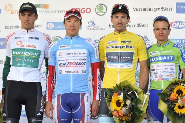 Jersey holders after stage 1 (l-r): Damien Gaudin, best young rider; Denis Galimzyanov, points classification; Fabian Cancellara, race leader; Christian Poos, mountains classification