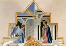 The Annunciation, detail from the Polyptych of St Anthony, 1460–70, oil and tempera on panel, 133in by 90½in, by Piero della Francesca (1410/20–1492), National Gallery of Umbria (Palazzo dei Priori), Perugia, Italy.