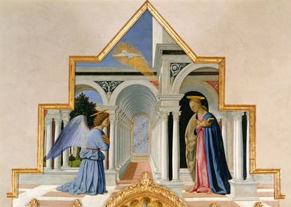 The Annunciation, detail from the Polyptych of St Anthony, 1460–70, oil and tempera on panel, 133in by 90½in, by Piero della Francesca (1410/20–1492), National Gallery of Umbria (Palazzo dei Priori), Perugia, Italy.