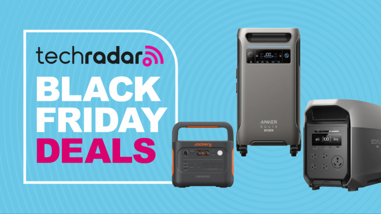 An Anker, EcoFlow, and Jackery portable power station on a light blue background next to a TechRadar badge that reads &#039;Black Friday deals&#039;