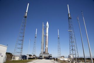 At Cape Canaveral Air Force Station's Launch Complex 41 in Florida, a United Launch Alliance Atlas 5 rocket with NASA's Tracking and Data Relay Satellite, or TDRS-L, spacecraft atop, arrives at the launch pad for a Jan. 23, 2014 launch.