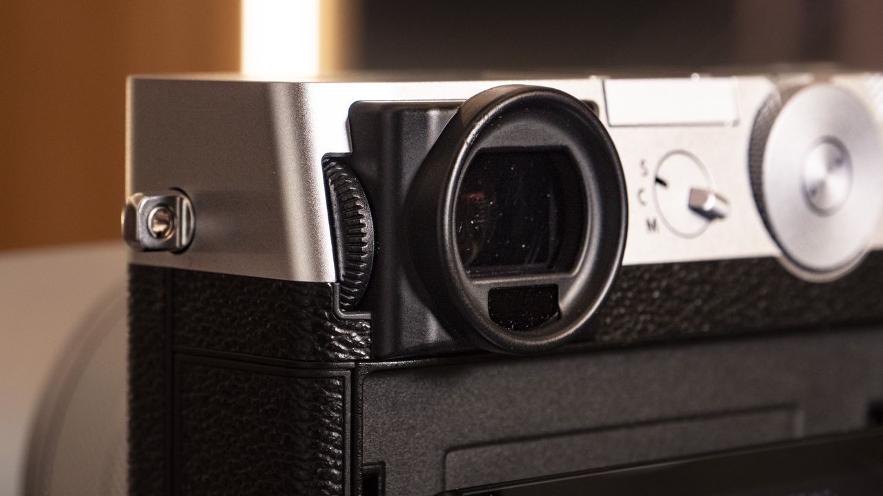 Closeup of the Fujifilm GFX100 RF medium-format compact camera's viewfinder