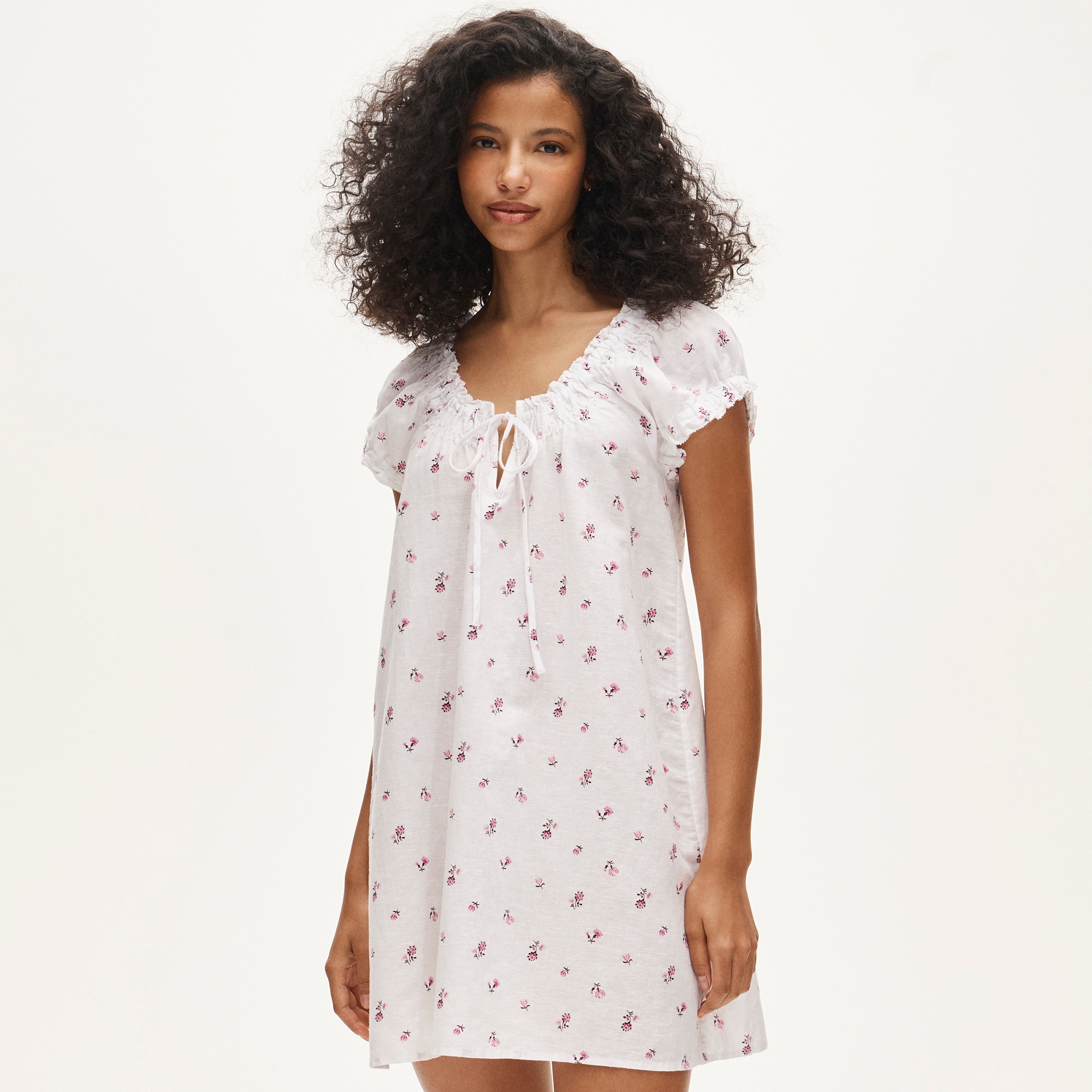 Tie-Front Mini Nightgown in Floral-Print Linen-Cotton Blend