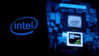 The Intel logo on a black background next to Intel components