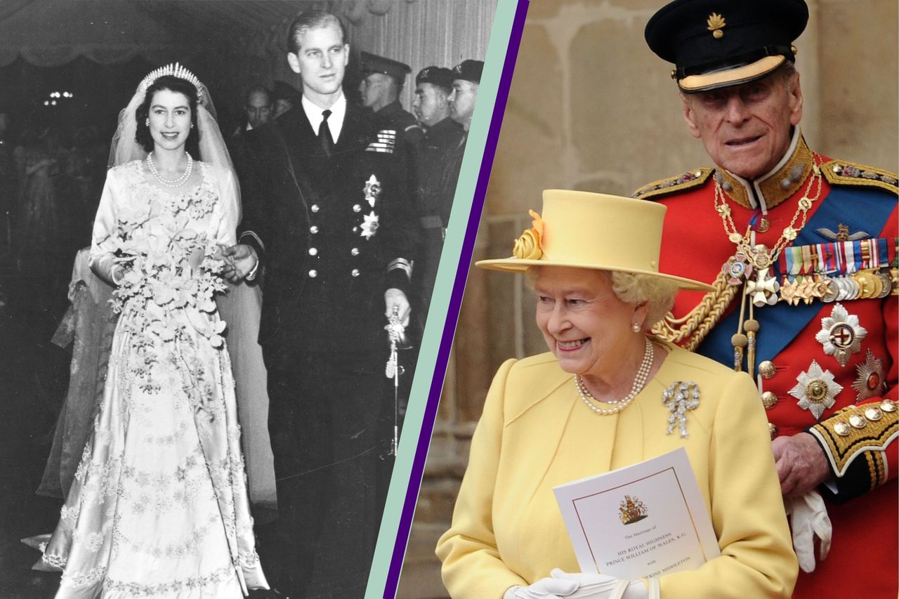 The Queen and Prince Philip on their wedding day, split layout with a more recent pic of the Qiueen and Prince Philip