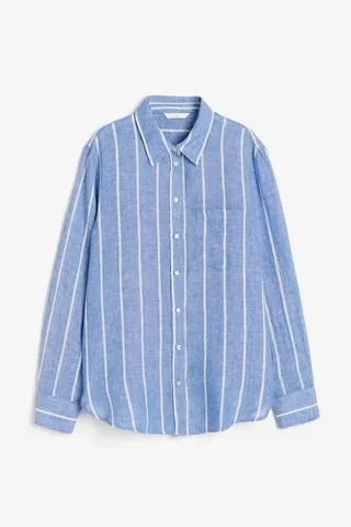 blue and white striped linen shirt