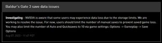 Nvidia GeForce Now Baldur's Gate 3 save warning message