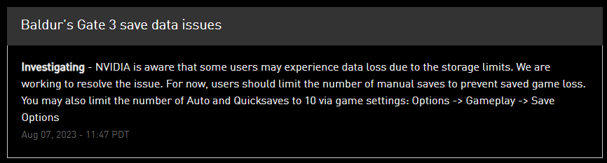 Nvidia GeForce Now Baldur's Gate 3 speichert Warnmeldung