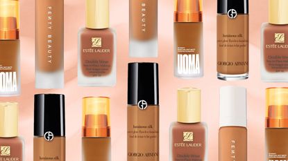 collage of the best foundations for acne prone skin including estee lauder and fenty beauty foundation
