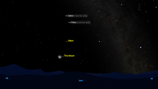 Night sky graphic showing the moon then mars above and pollux above that.