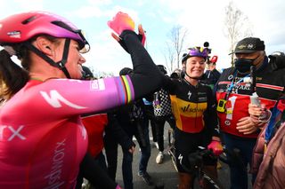 Lotte Kopecky celebrates after winning Tour of Flanders