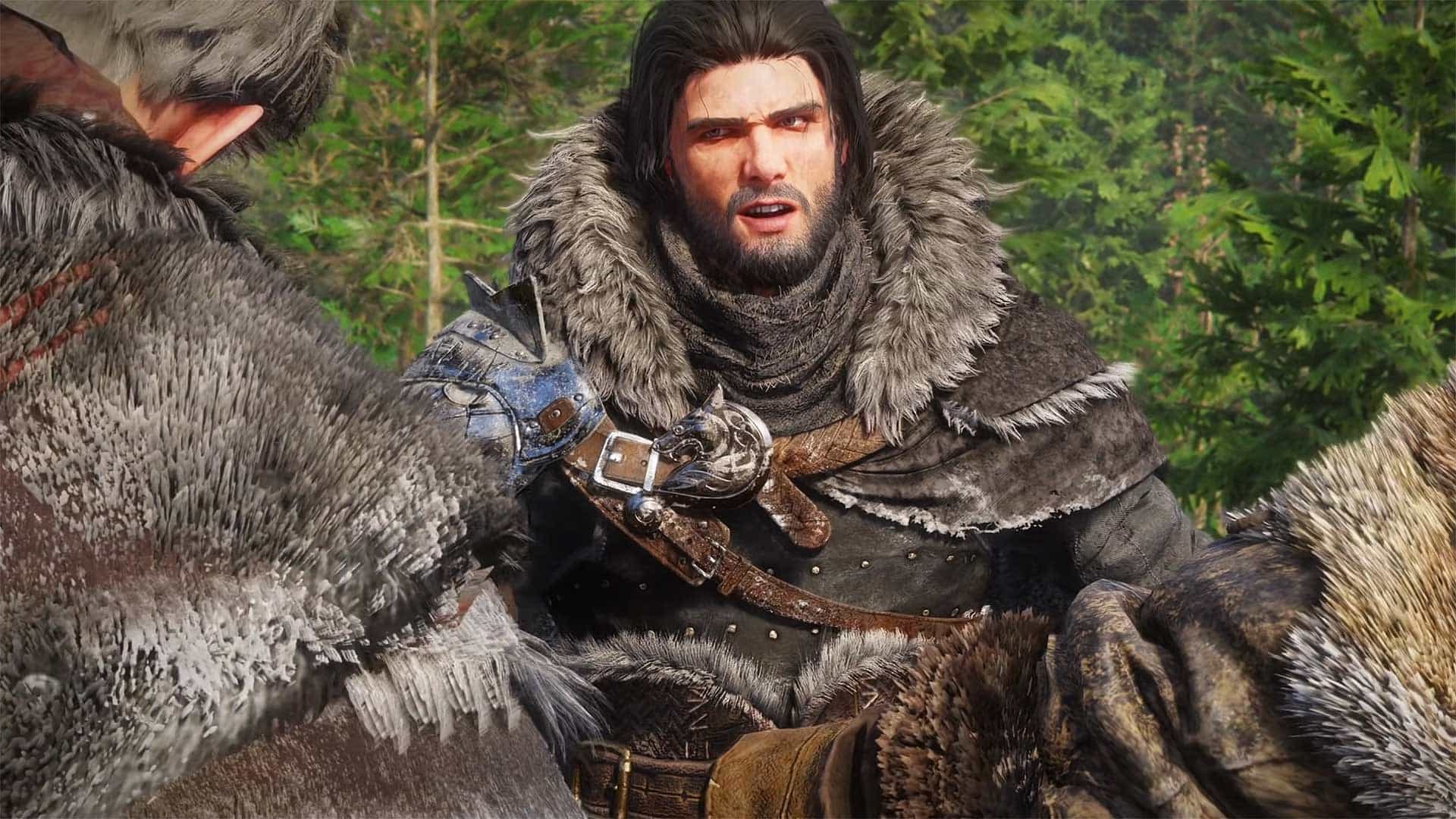 The Crimson Desert main character wearing fur armor while talking to other nearby warriors out in a field. 