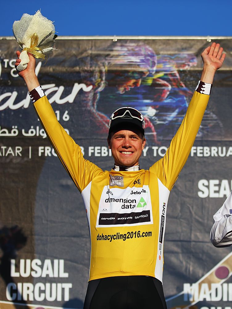 Edvald Boasson Hagen (Dimension Data) puts on the golden leader's jersey after winning the time trial at Tour of Qatar