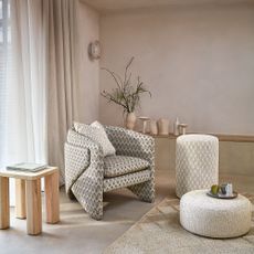 Putty pink living room with patterned curved armchair