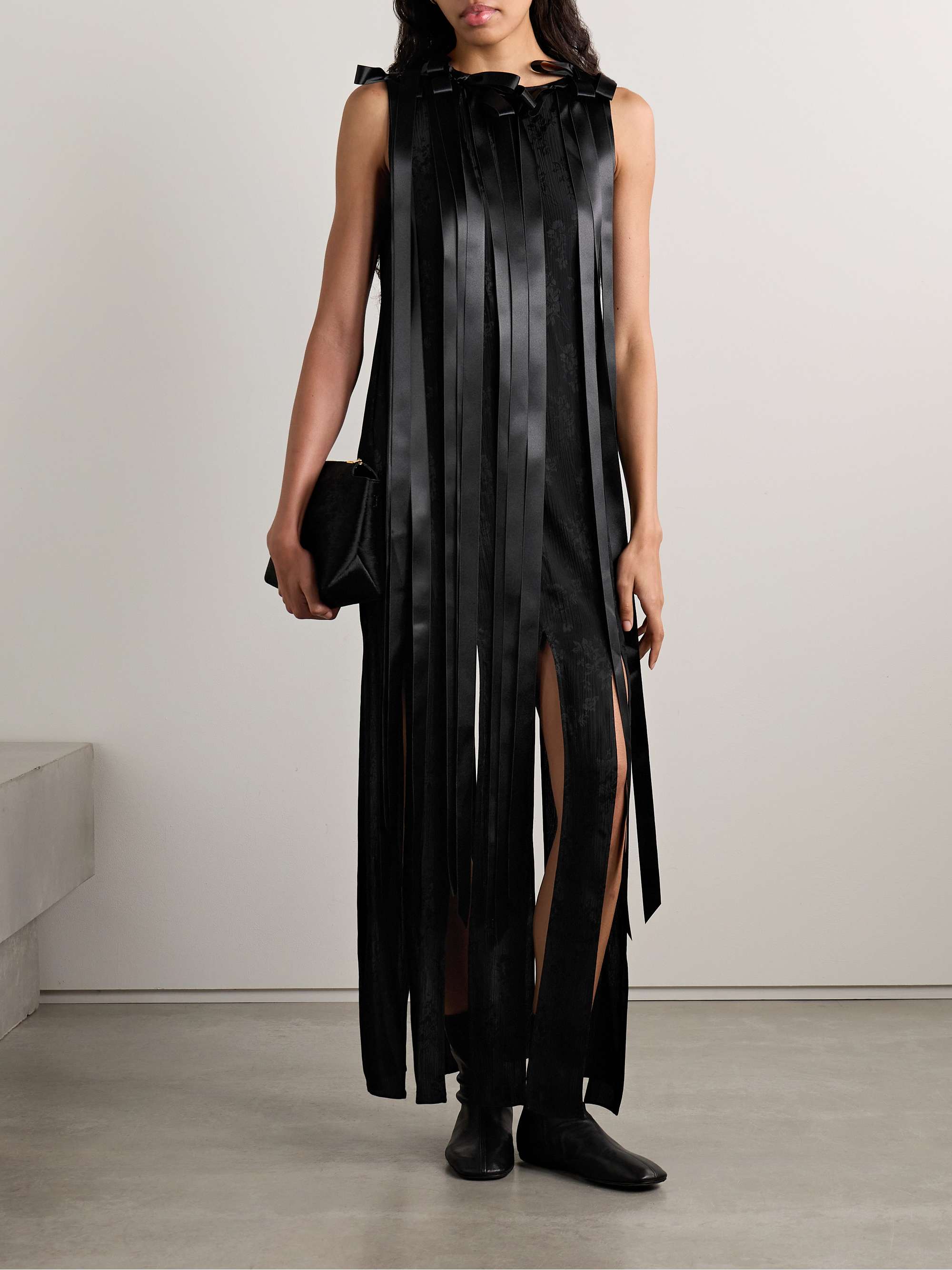 Bow-Detailed Satin-Trimmed Crepon-Jacquard Midi Dress