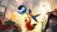 it Takes Two characters hanging from beneath a Steam logo balloon