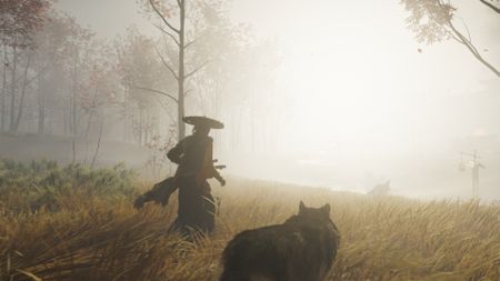 Atsu walking next to a wolf through long grass on a foggy day in Ghost of Yotei