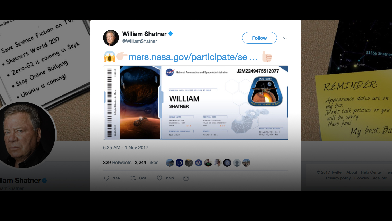 William Shatner&#039;s Mars &#039;Boarding Pass&#039;