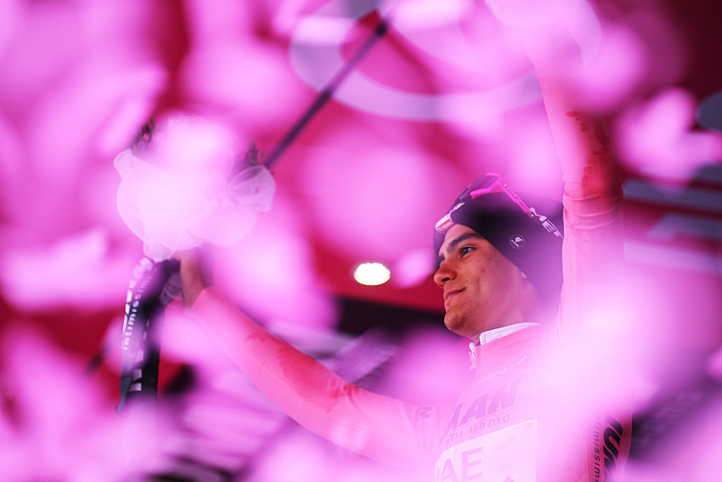 BORMIO ITALY MAY 28 Isaac Del Toro of Mexico and Team UAE Team Emirates XRG celebrates at podium as Pink Leader Jersey winner during the 108th Giro dItalia 2025 Stage 17 a 155km stage from San Michele allAdige to Bormio 1200m UCIWT on May 28 2025 in Bormio Italy Photo by Tim de WaeleGetty Images