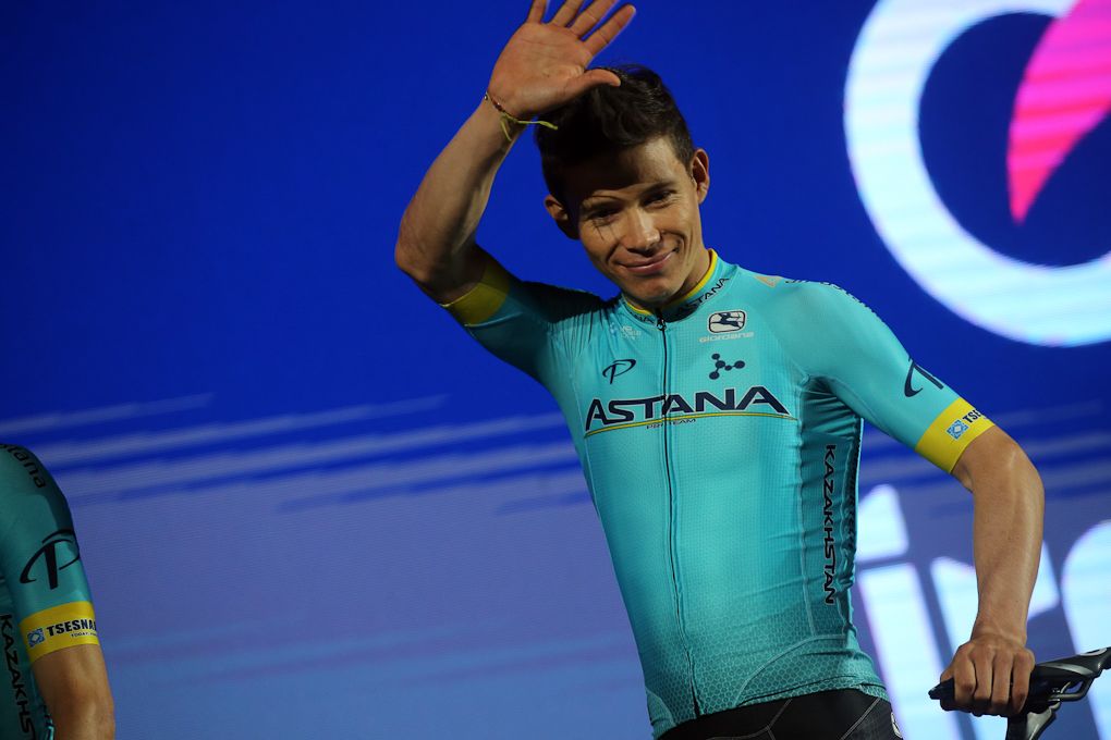Miguel Angel Lopez (Astana Pro Team) greets the crowd at the Giro presentation