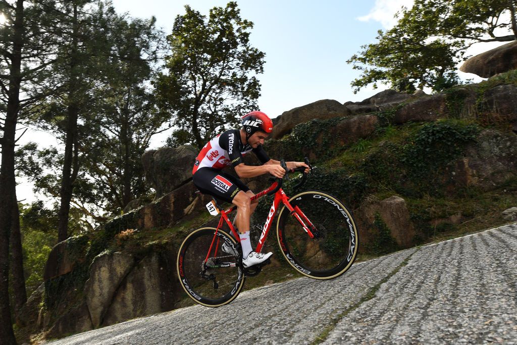 MIRADOR DE ZARO DUMBRA SPAIN NOVEMBER 03 Tosh Van Der Sande of Belgium and Team Lotto Soudal during the 75th Tour of Spain 2020 Stage 13 a 337km Individual Time Trial stage from Muros to Mirador de zaro Dumbra 278m ITT lavuelta LaVuelta20 La Vuelta on November 03 2020 in Mirador de zaro Dumbra Spain Photo by David RamosGetty Images