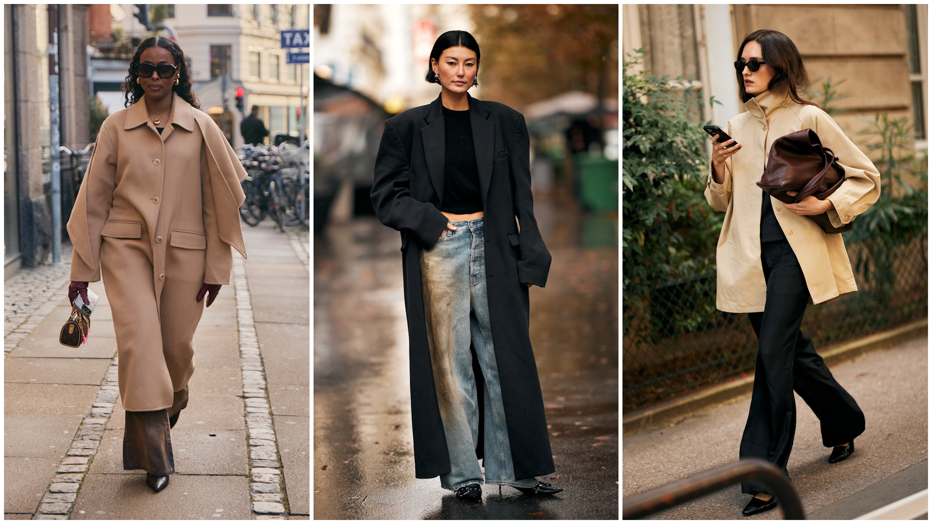 woman wearing trench coat; woman wearing black coat, t-shirt, and jeans; woman wearing coat and jeans