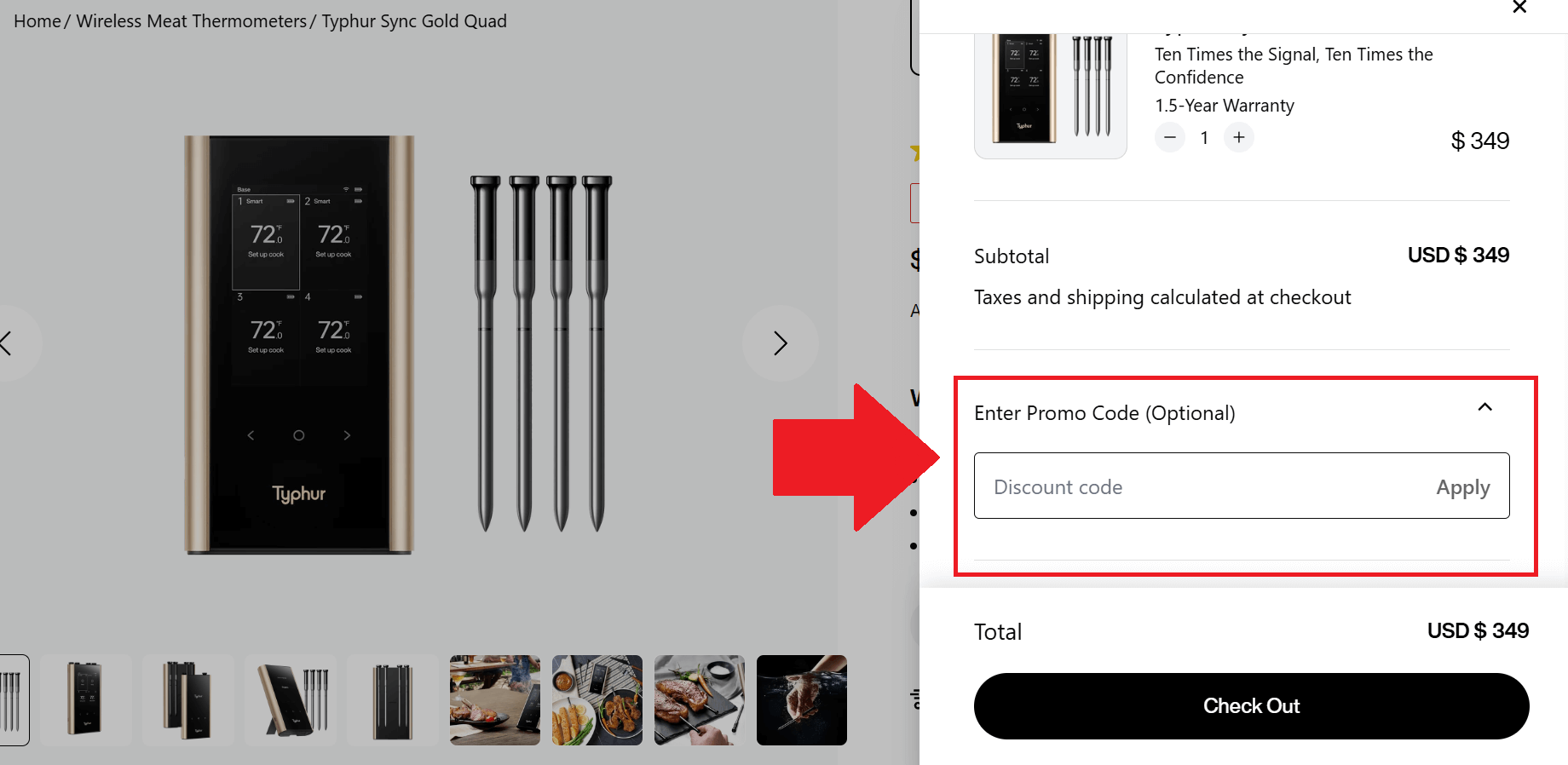 A screenshot showing the Typhur checkout page and where to enter a coupon code