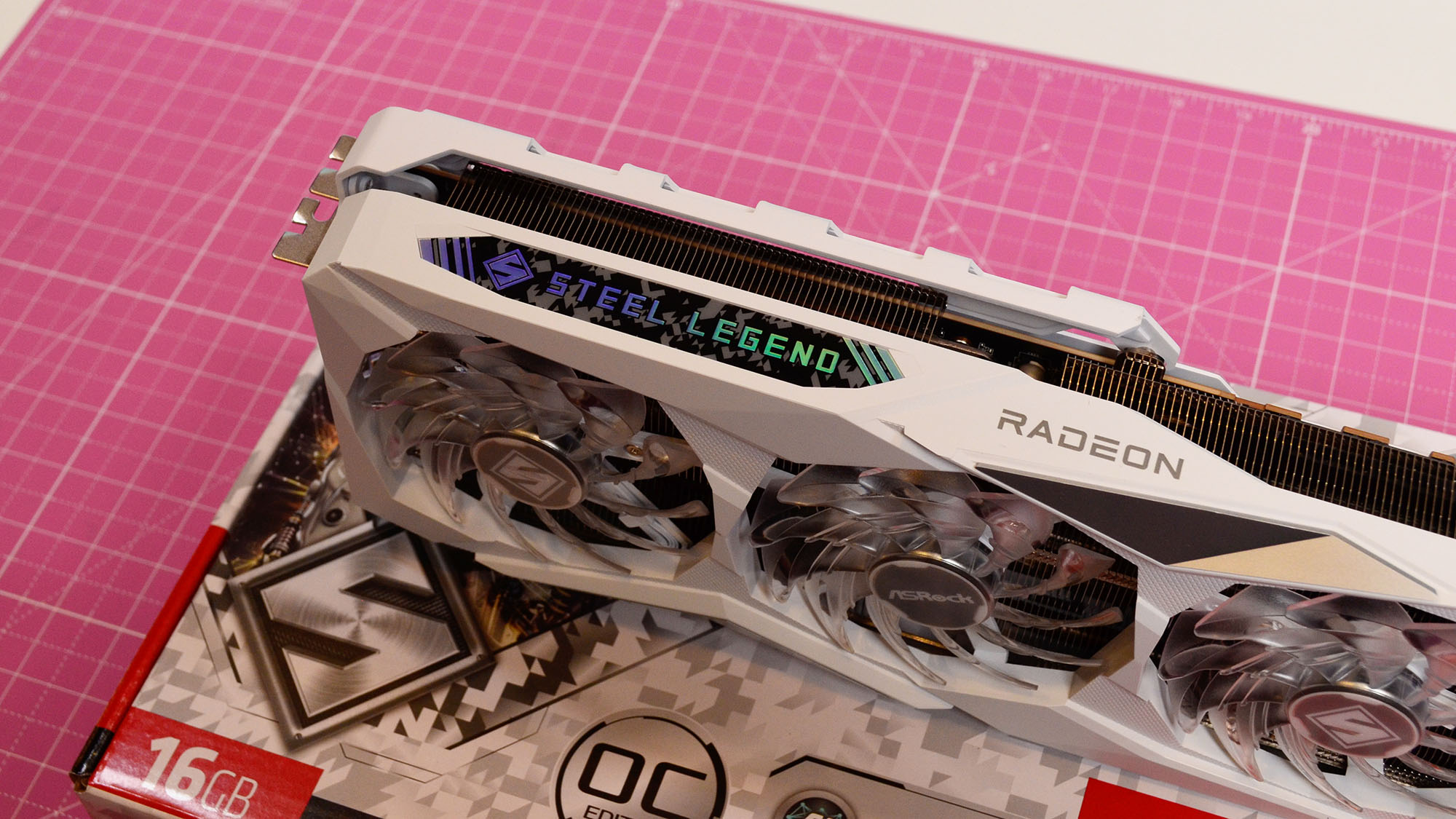 An ASRock Steel Series Radeon RX 7900 GRE on a desk