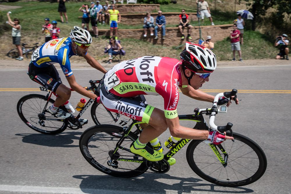 Chris Anker Sorensen (Tinkoff-Saxo) and Alexandr Braico (Jelly Belly) lead on todays descent