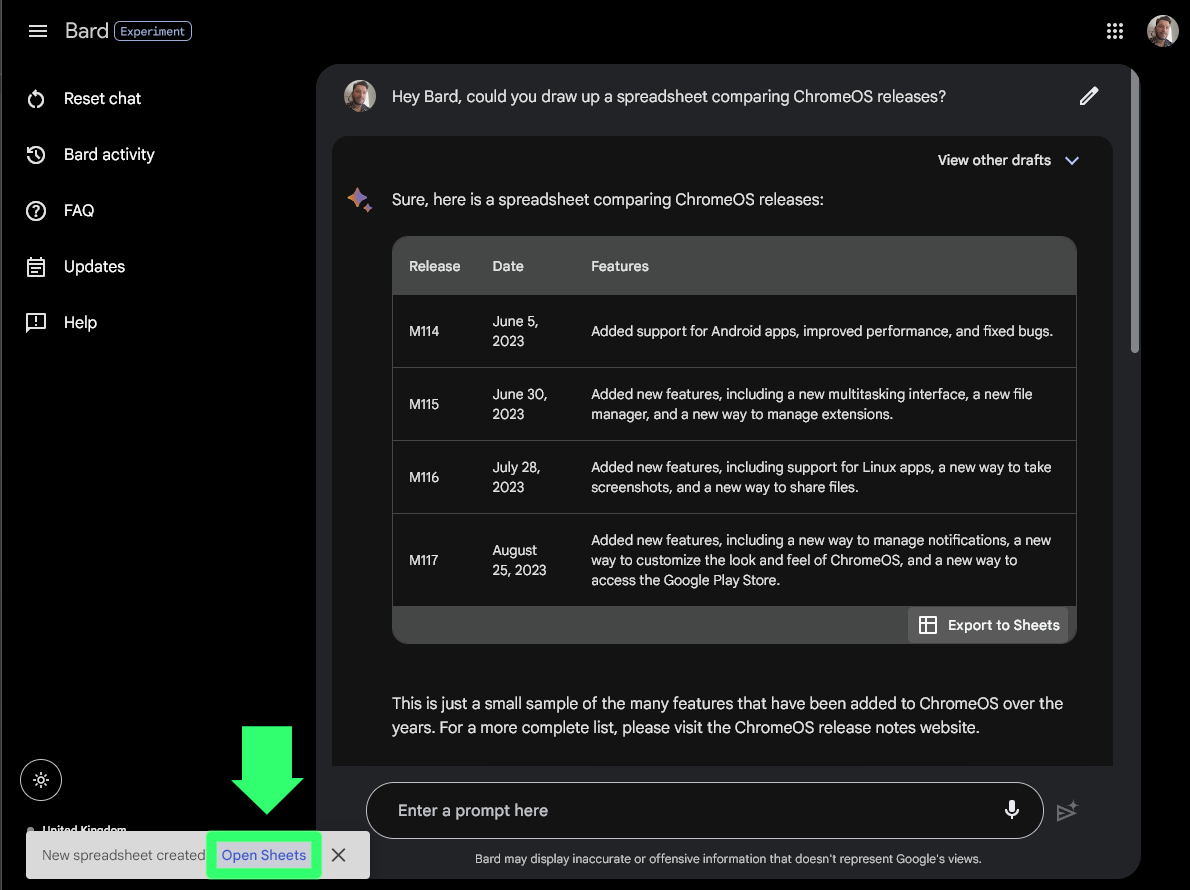 How to make spreadsheets with Google Bard