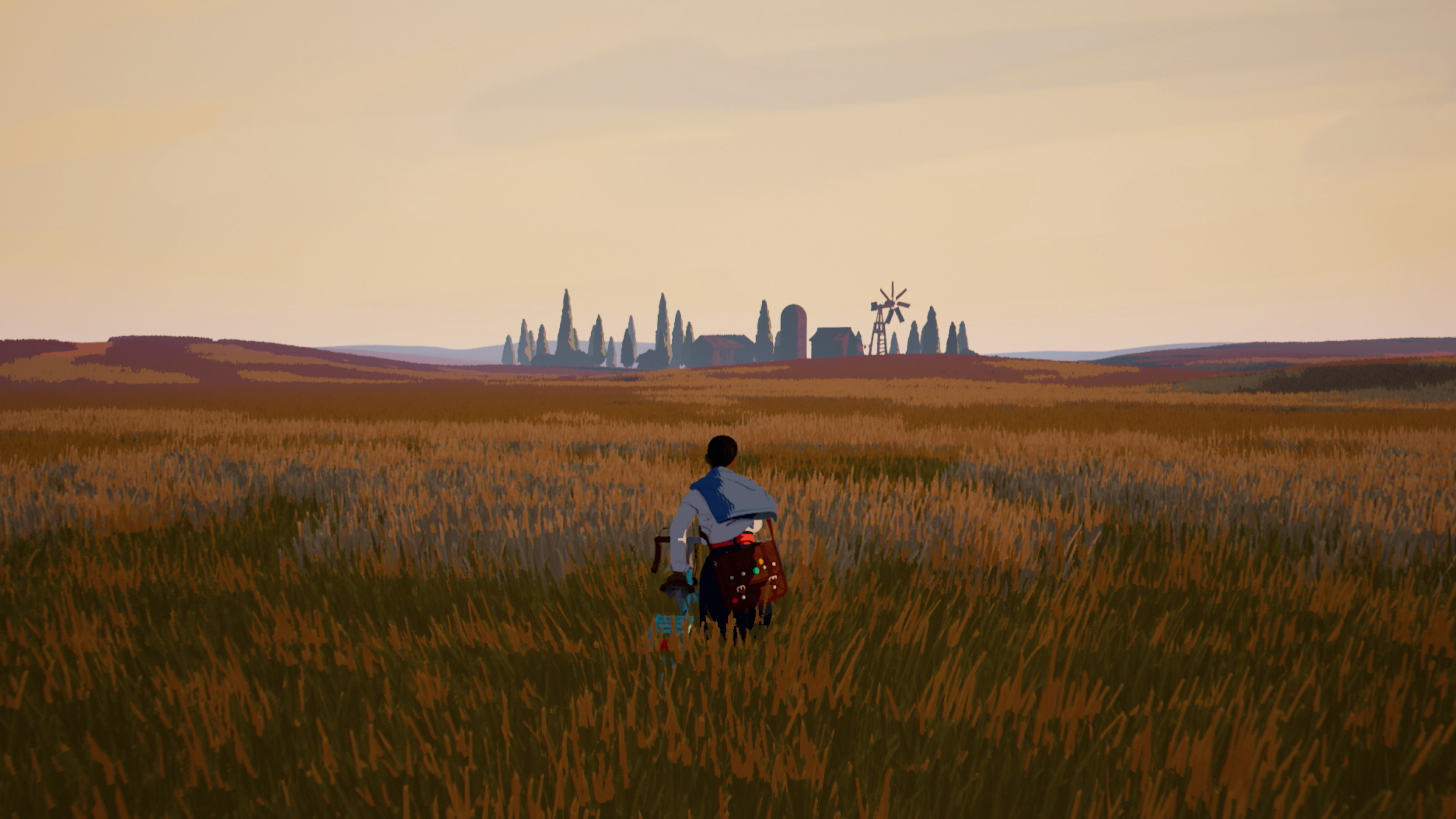 A boy walking through a field in the game Season
