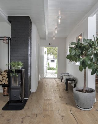 Try a row of ceiling lights to add light to a dark hallway