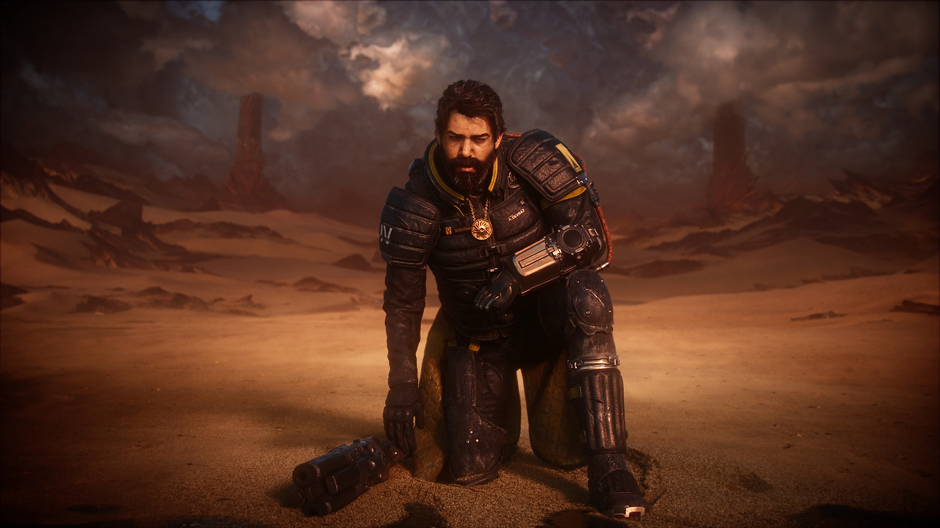Screenshot from the video game Saros, showing Arjun Devraj (Rahul Kohli) kneeing in a desert.