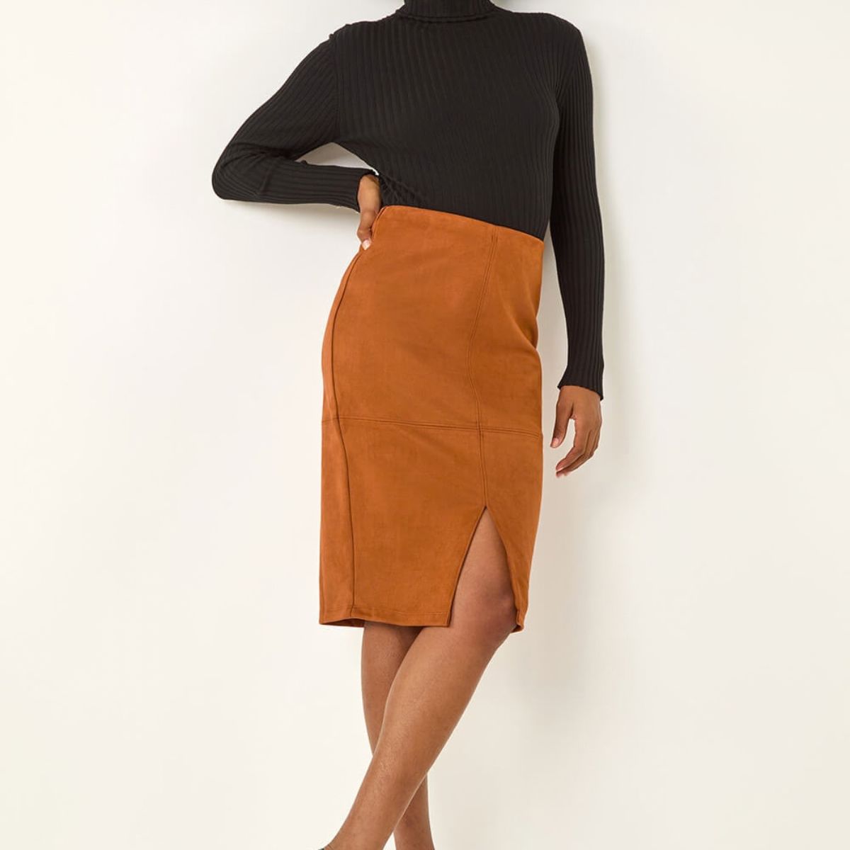 roman faux suede midi skirt