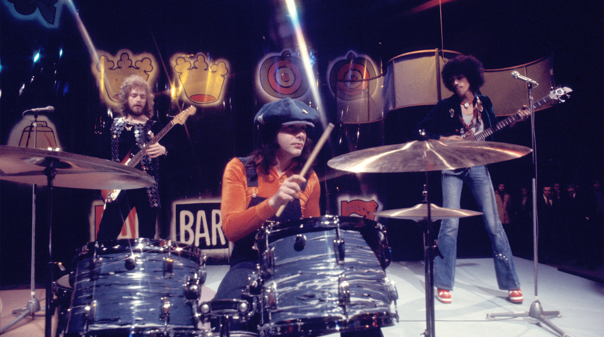 Thin Lizzy perform 'Whiskey In The Jar' on BBC TV show 'Top Of The Pops', London, 31st January 1973. The show aired on 1st February; Brian Downey (drums), Eric Bell (guitar), Phil Lynott (vocals and bass)